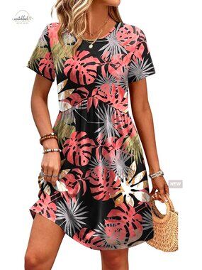 Short Sleeve Maternity Dress with Pockets, Empire Waist Casual Spring Summer